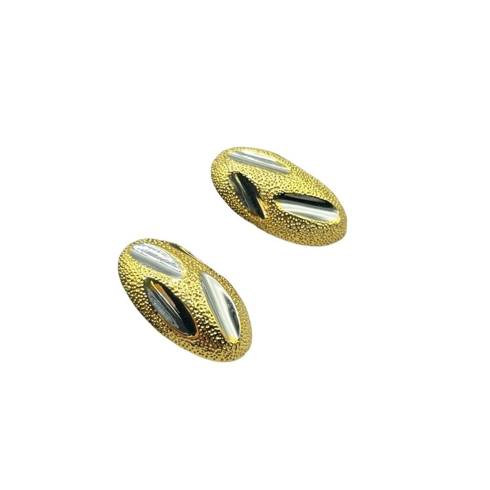 Stainless Steel Clip On Earrings Vintage 80s 90s Two Tones Clips Oval Shaped
